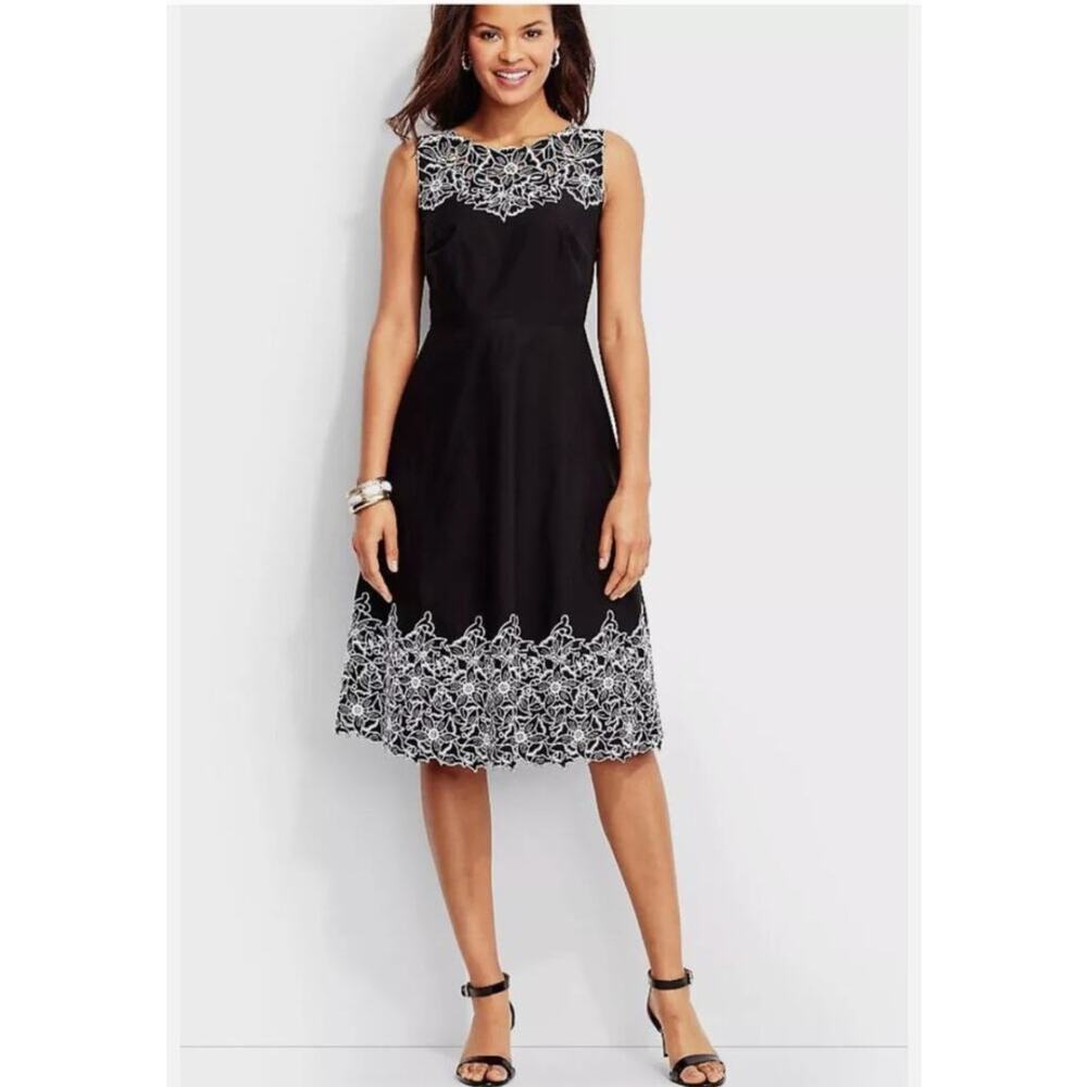Talbots Black White Embroidered Cotton Knee Length Dress